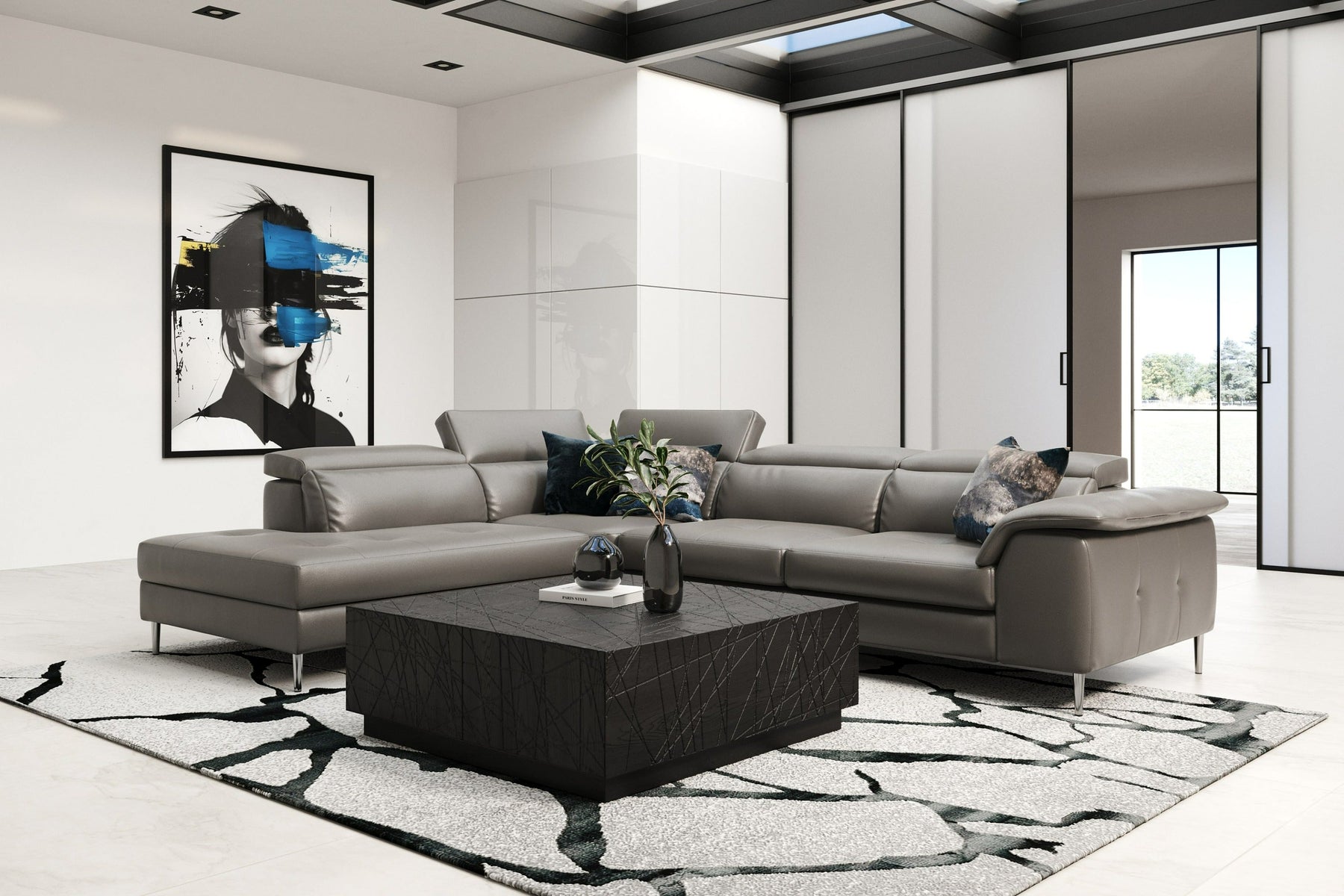 Viola - Italian Contemporary Grey Leather Left Facing Sectional Sofa