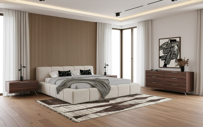 Lamont + Brooklyn - Modern Beige Fabric + Walnut 4-Piece Bedroom Set