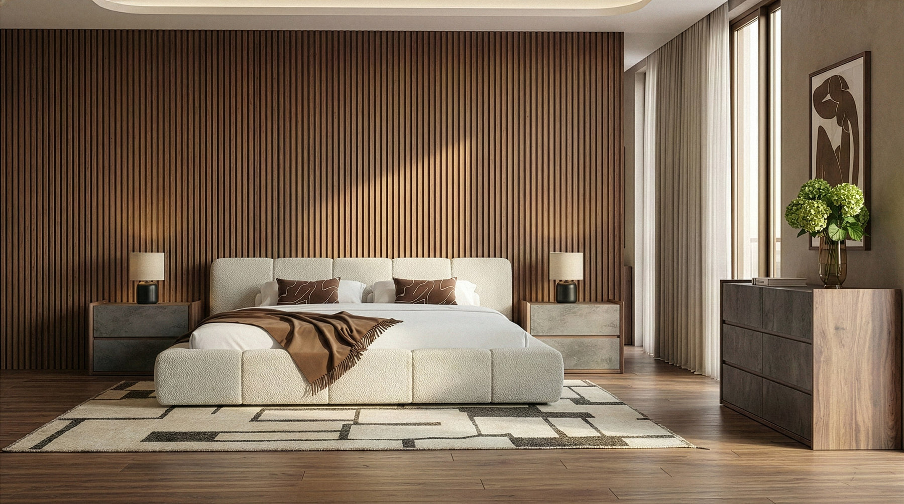 Lamont + Rado - Modern Beige Fabric + Walnut 4-Piece Bedroom Set