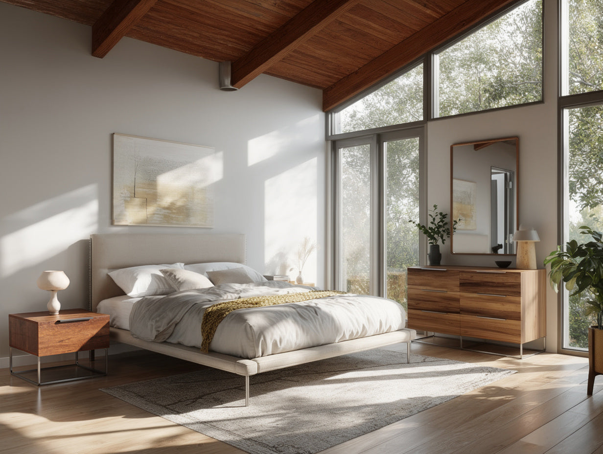 Bergeron + Lorenzo - Contemporary Cream Fabric + Light Oak 4-Piece Bedroom Set