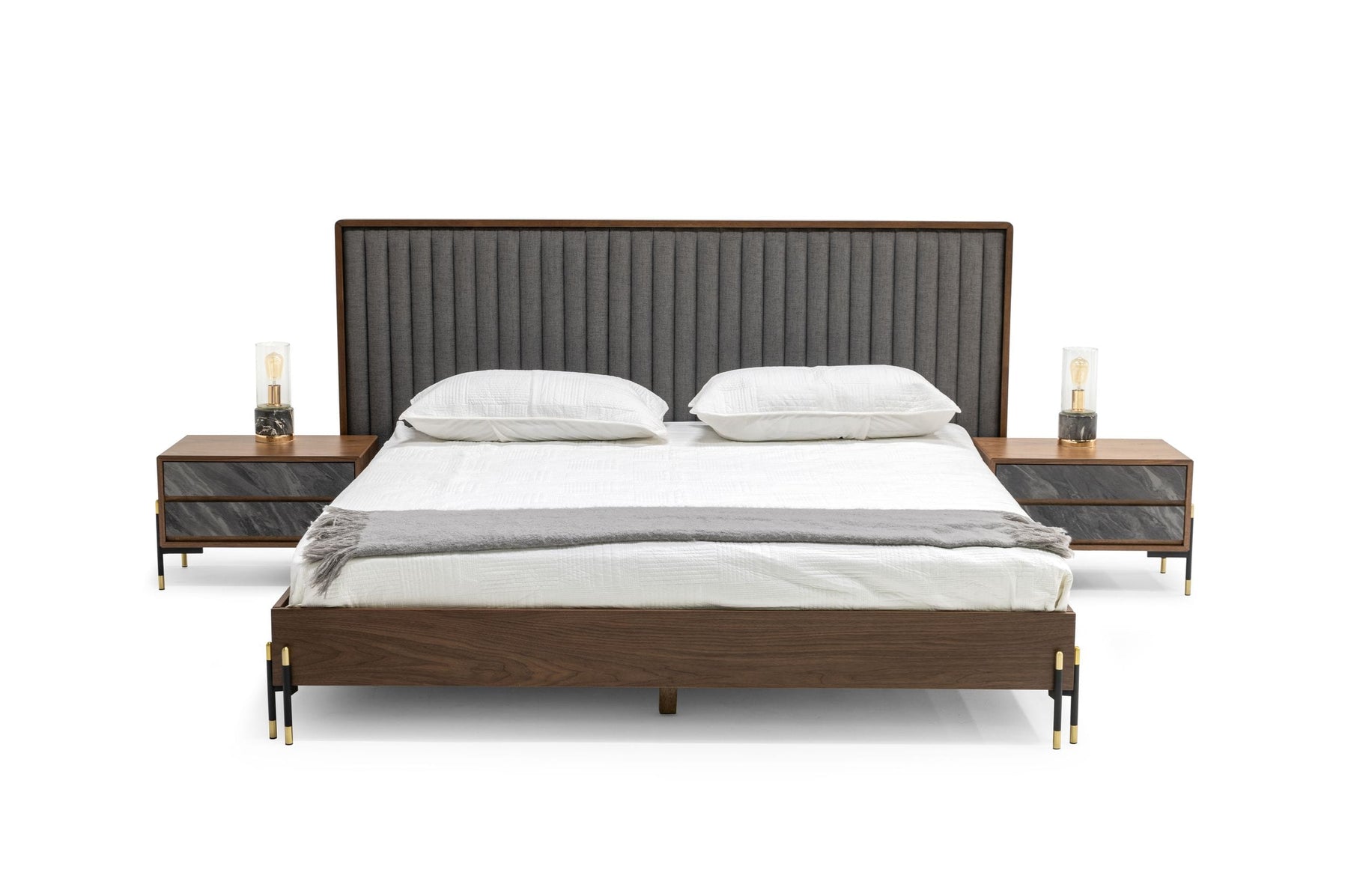 Metcalf - Mid-Century Walnut & Grey Bed w/ Two Nightstands