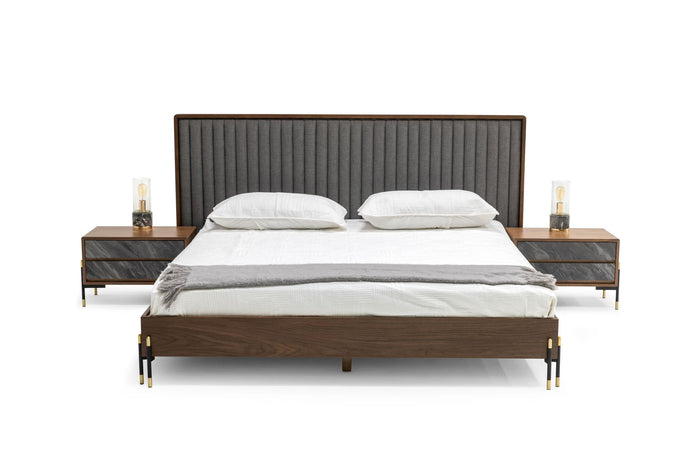 Metcalf - Mid-Century Walnut & Grey Bed w/ Two Nightstands