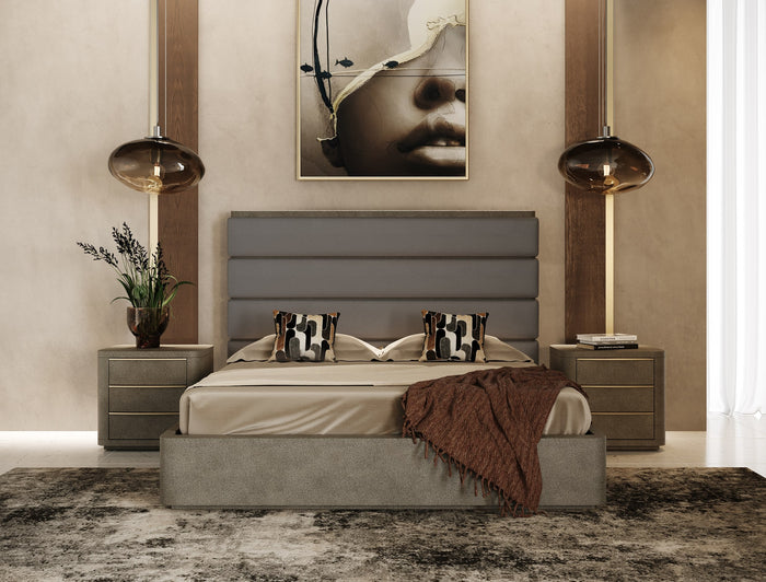 Lois - Modern Grey Leather & Beige Shagreen High Headboard Bed