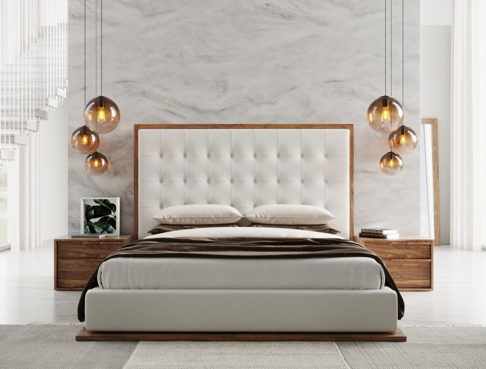 Amberlie - White Vegan Leather & Walnut Bed