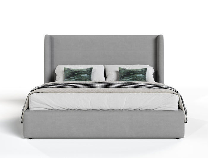 Byrne + Asus - Modern Grey Fabric + Elm Grey Bed & 2 Nightstands