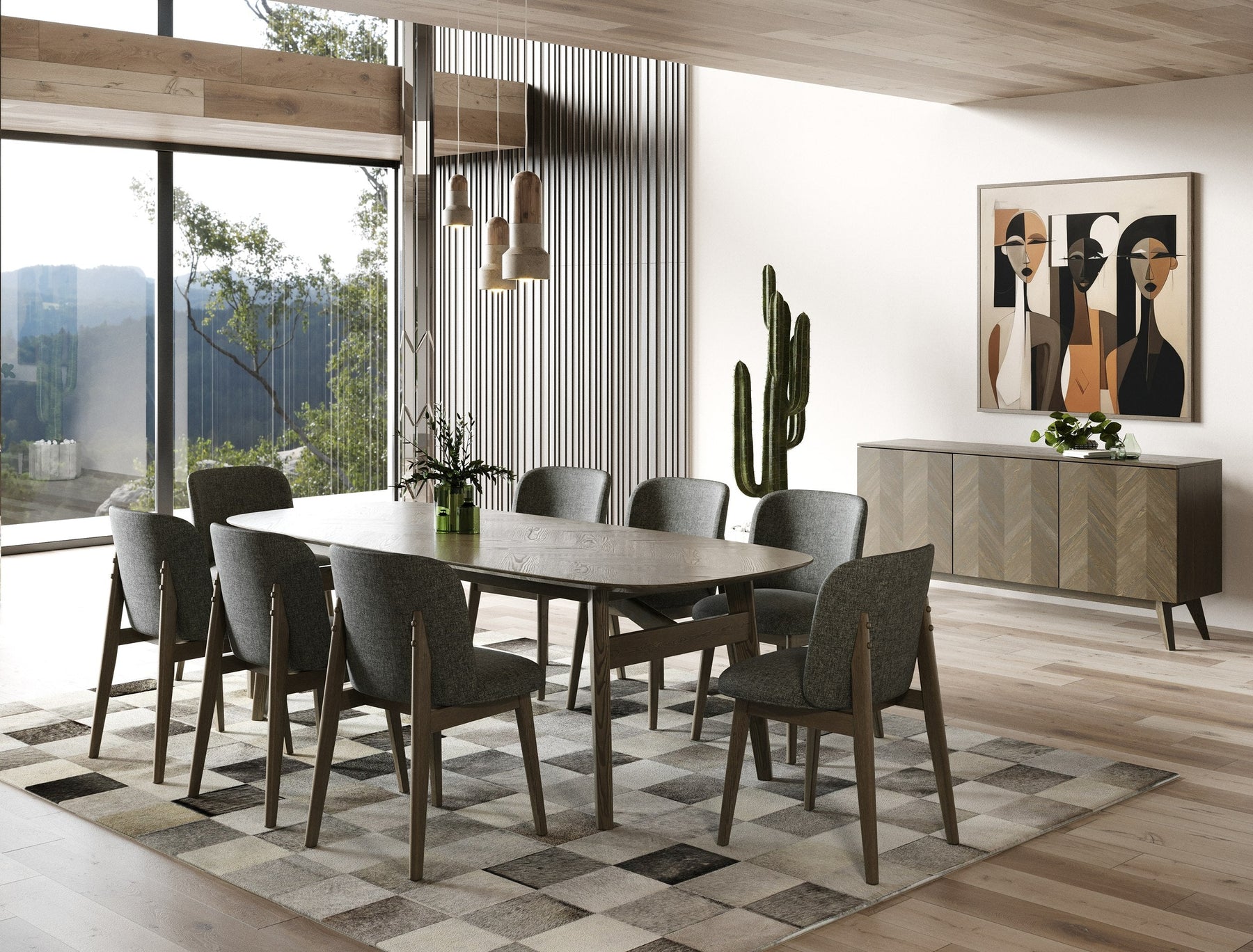 Costello - Mid-Century Modern Wenge Dining Table + 8 Chairs Set