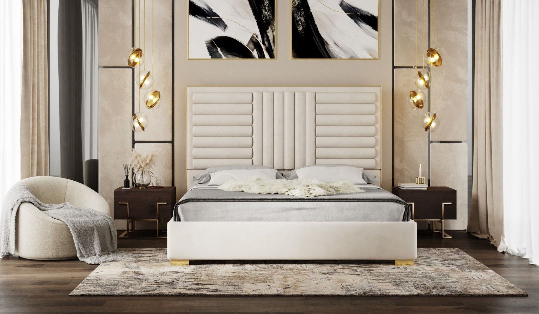Daystar - Modern Beige Velvet & Gold Bed
