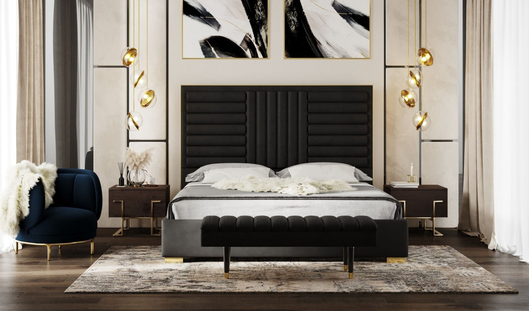 Daystar - Modern Dark Brown Velvet & Gold Bed