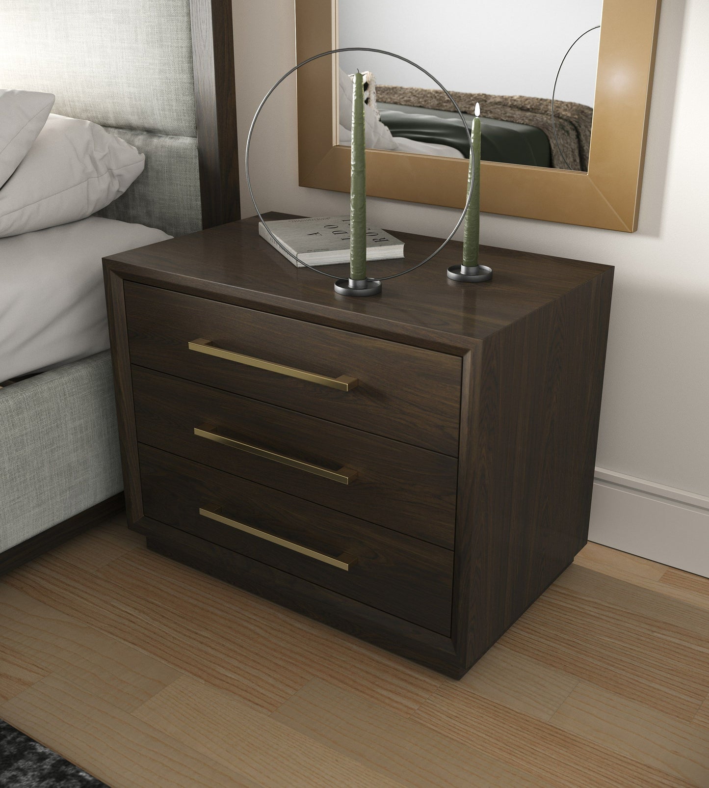 Manhattan - Contemporary Brown Oak and Gold Nightstand