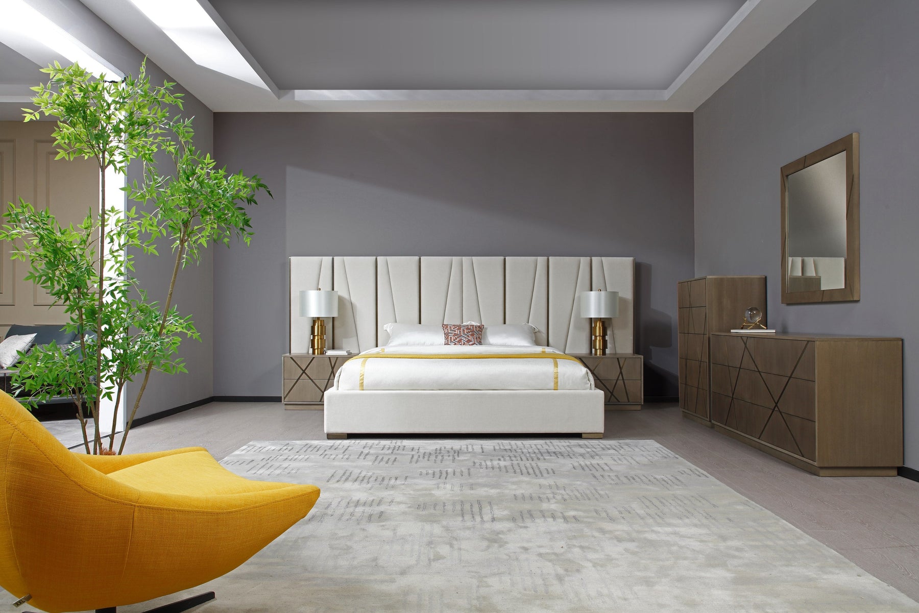 Nixa - Modern Beige Velvet + Brushed Bronze + Birch Bedroom Set