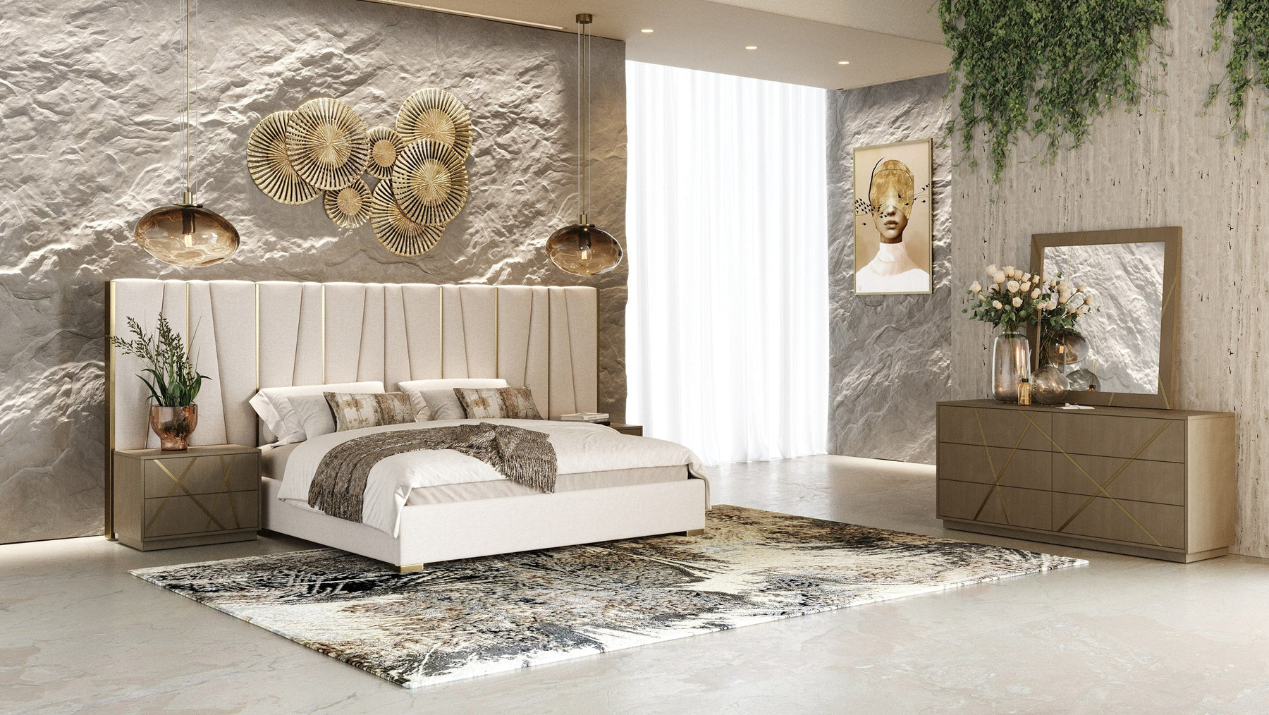 Nixa - Modern Beige Velvet + Brushed Bronze + Birch 4-Piece Bedroom Set