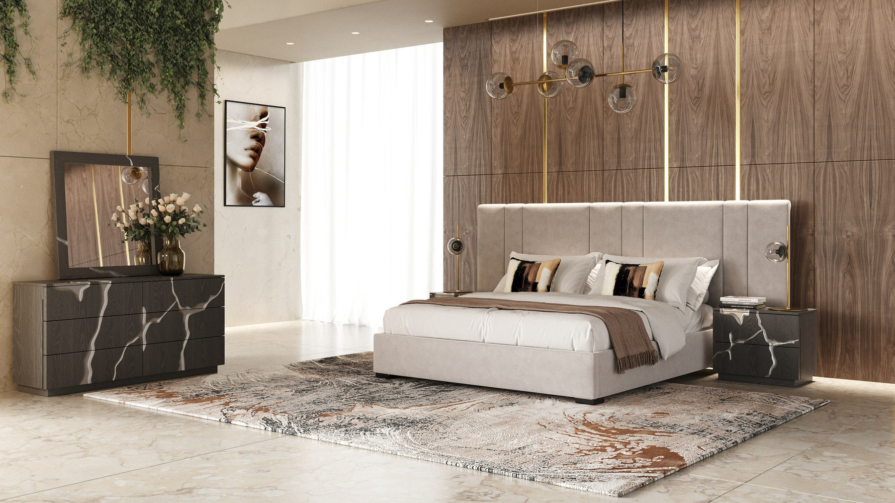 Penelope + Aspen - Modern Beige Velvet + Brown Ash Bedroom Set