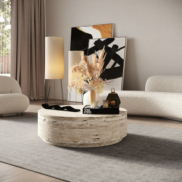 Roma - Modern Faux Travertine Round Coffee Table