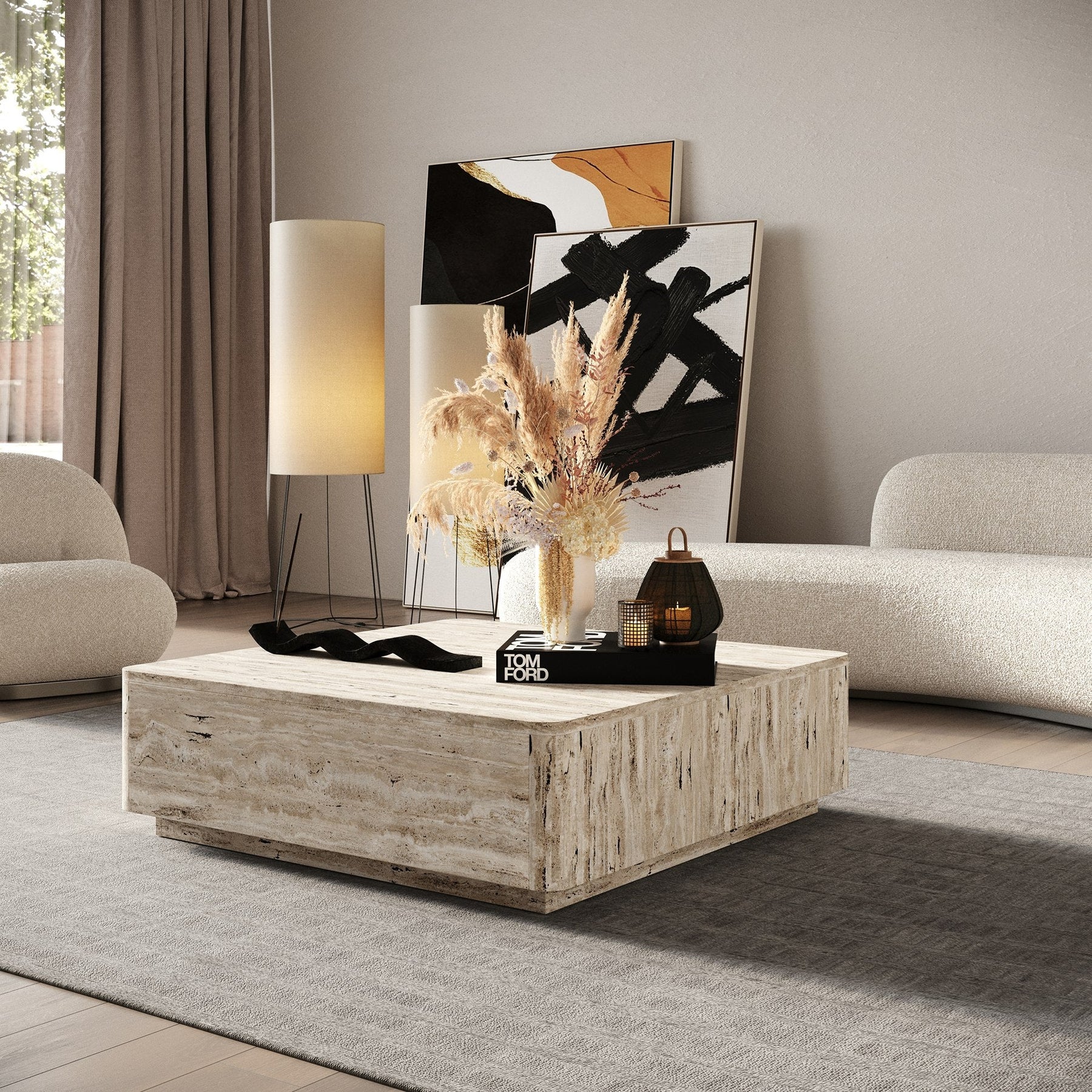 Roma - Modern Faux Travertine Square Coffee Table