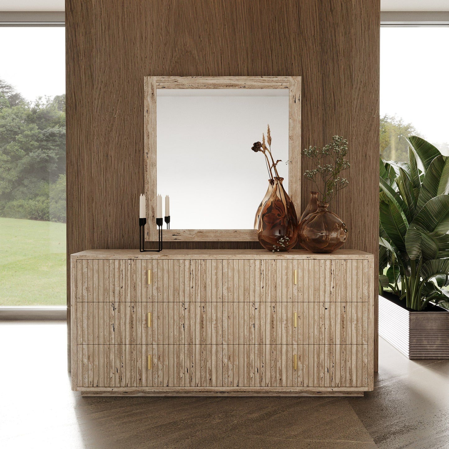 Roma - Modern Faux Travertine + Gold Dresser