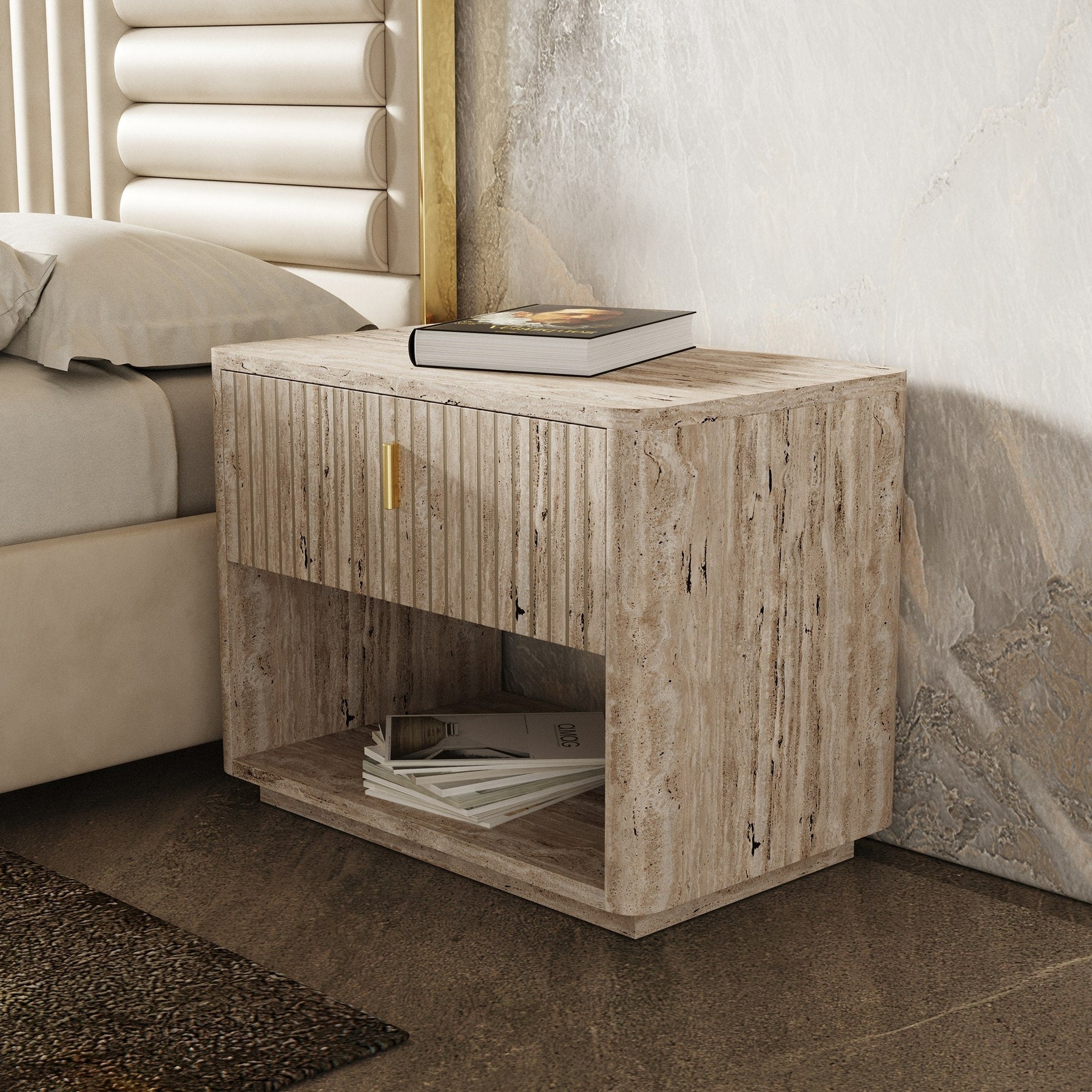 Roma - Modern Faux Travertine + Gold Nightstand