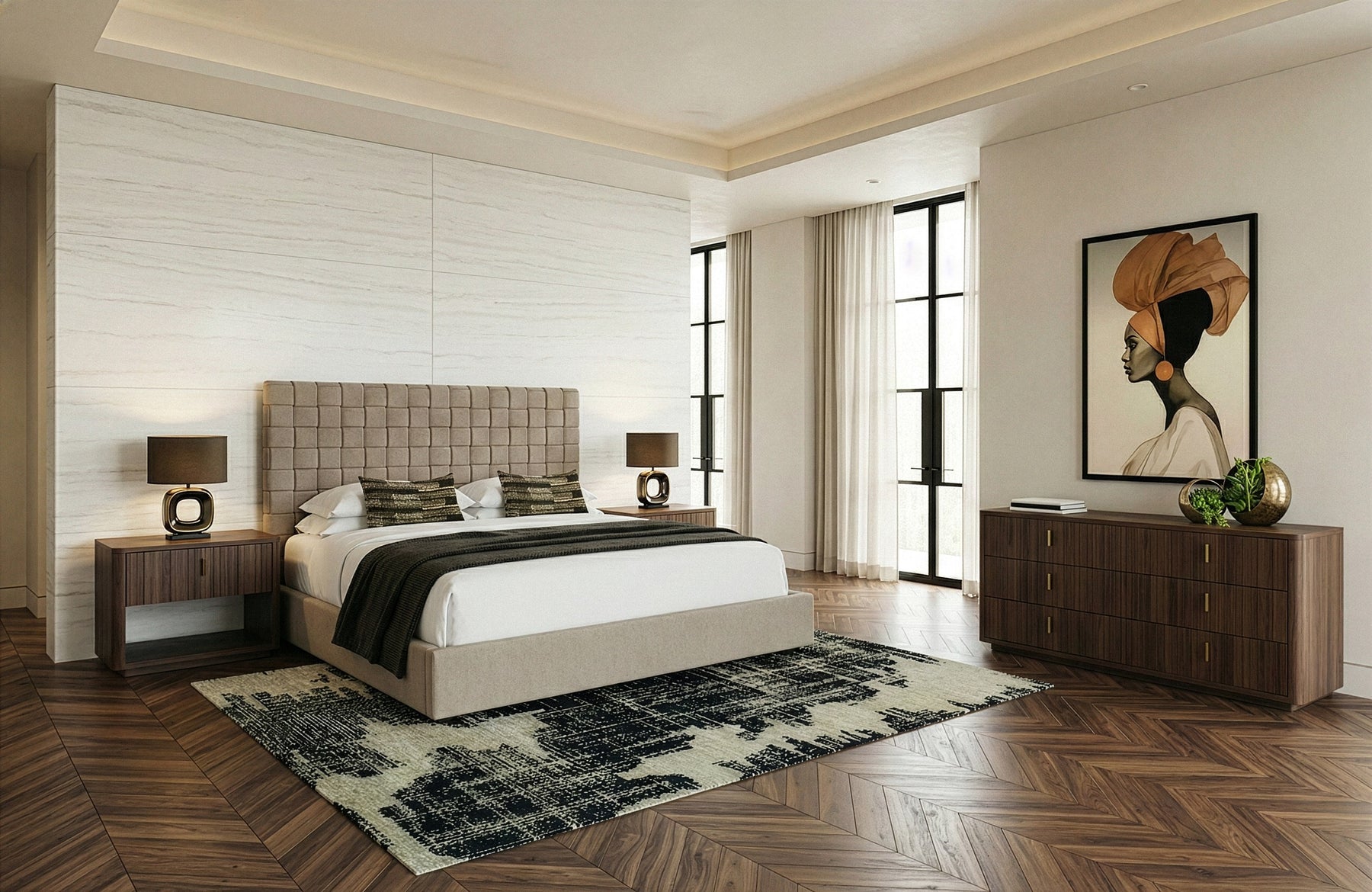 Rousey + Roma - Modern Taupe Fabric + Walnut 4-Piece Bedroom Set