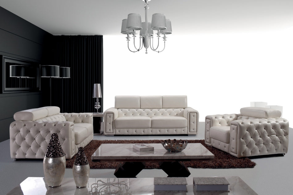 Lumy - Modern Tufted White Leather Loveseat with Crystals
