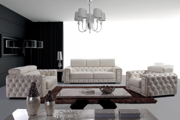 Lumy - Modern Tufted White Leather Loveseat with Crystals