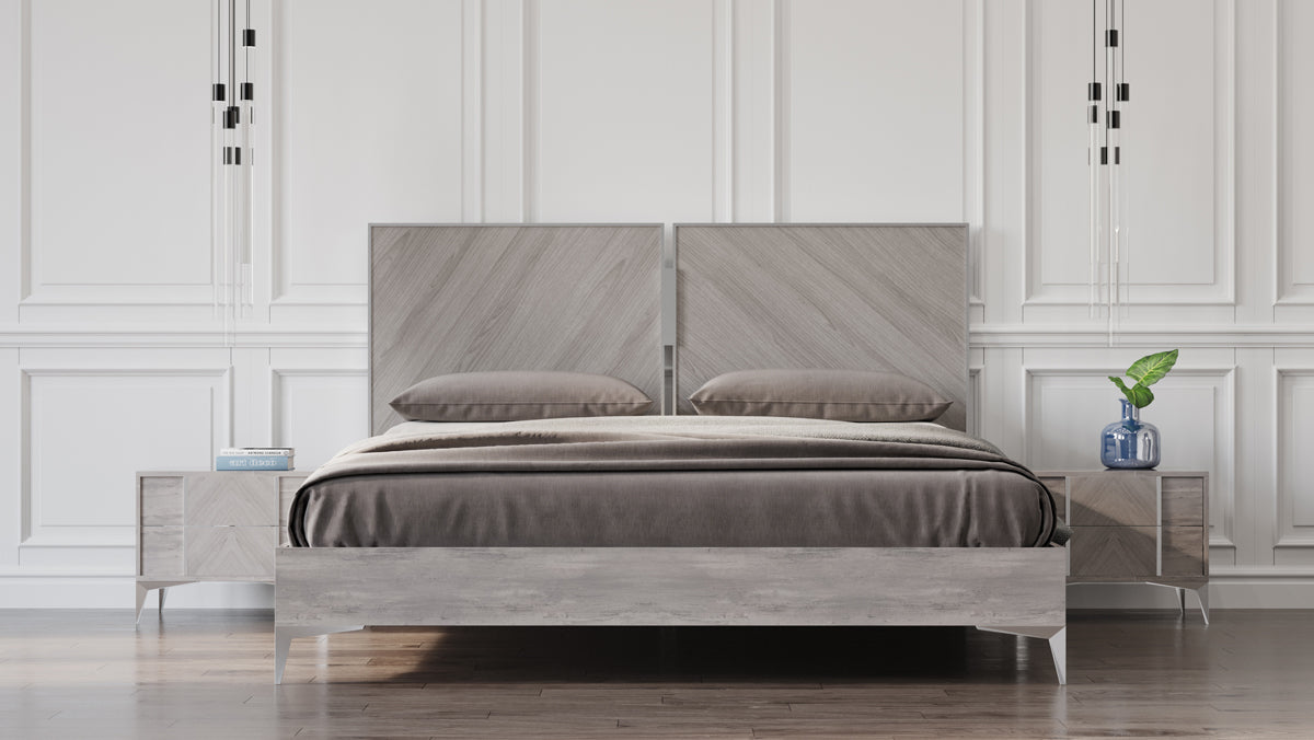 Alexa Italian Modern Grey Bed + 2 Nightstands Set
