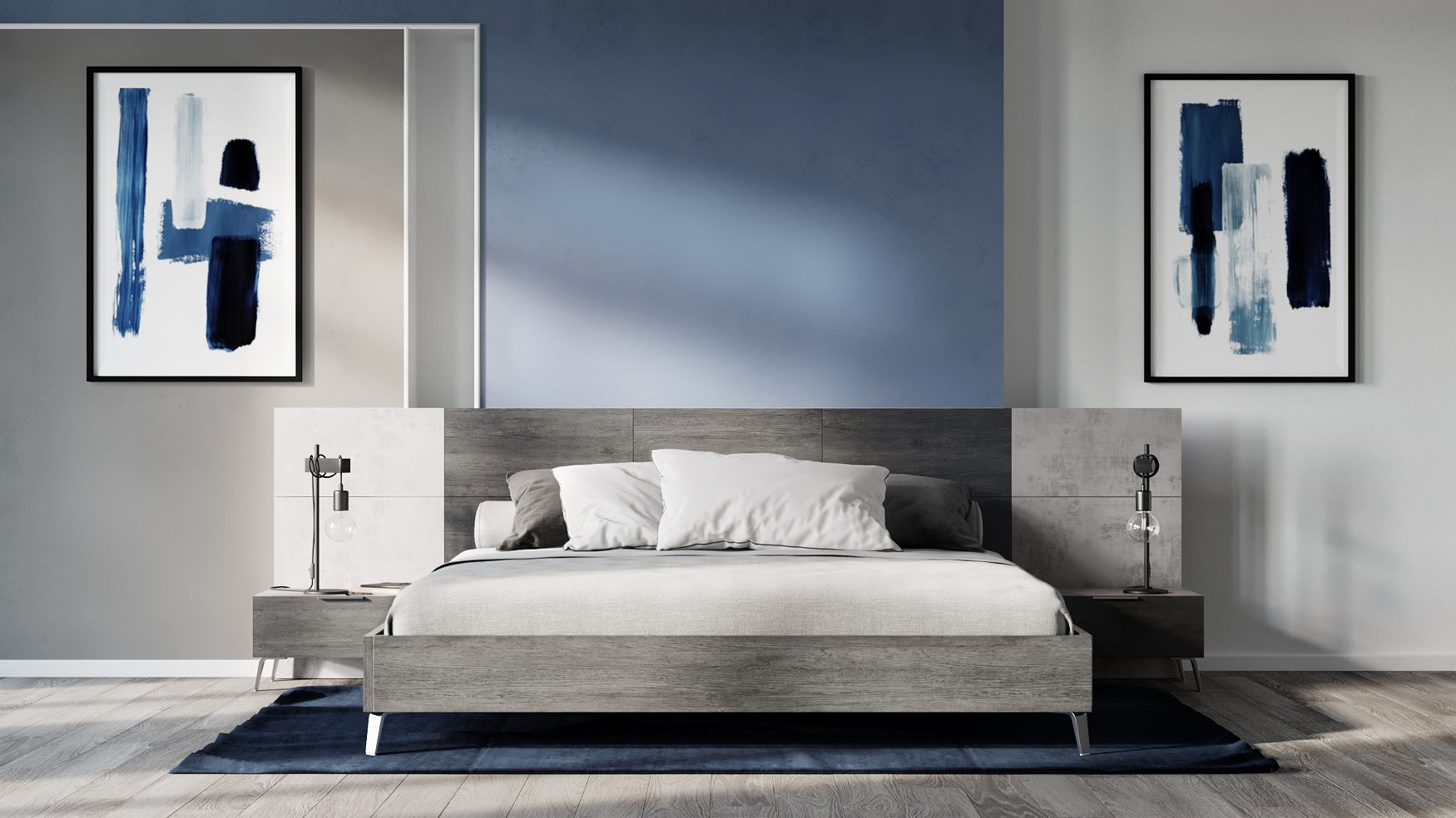 Bronx Italian Modern Faux Concrete & Grey Bed + 2 Nightstands Set