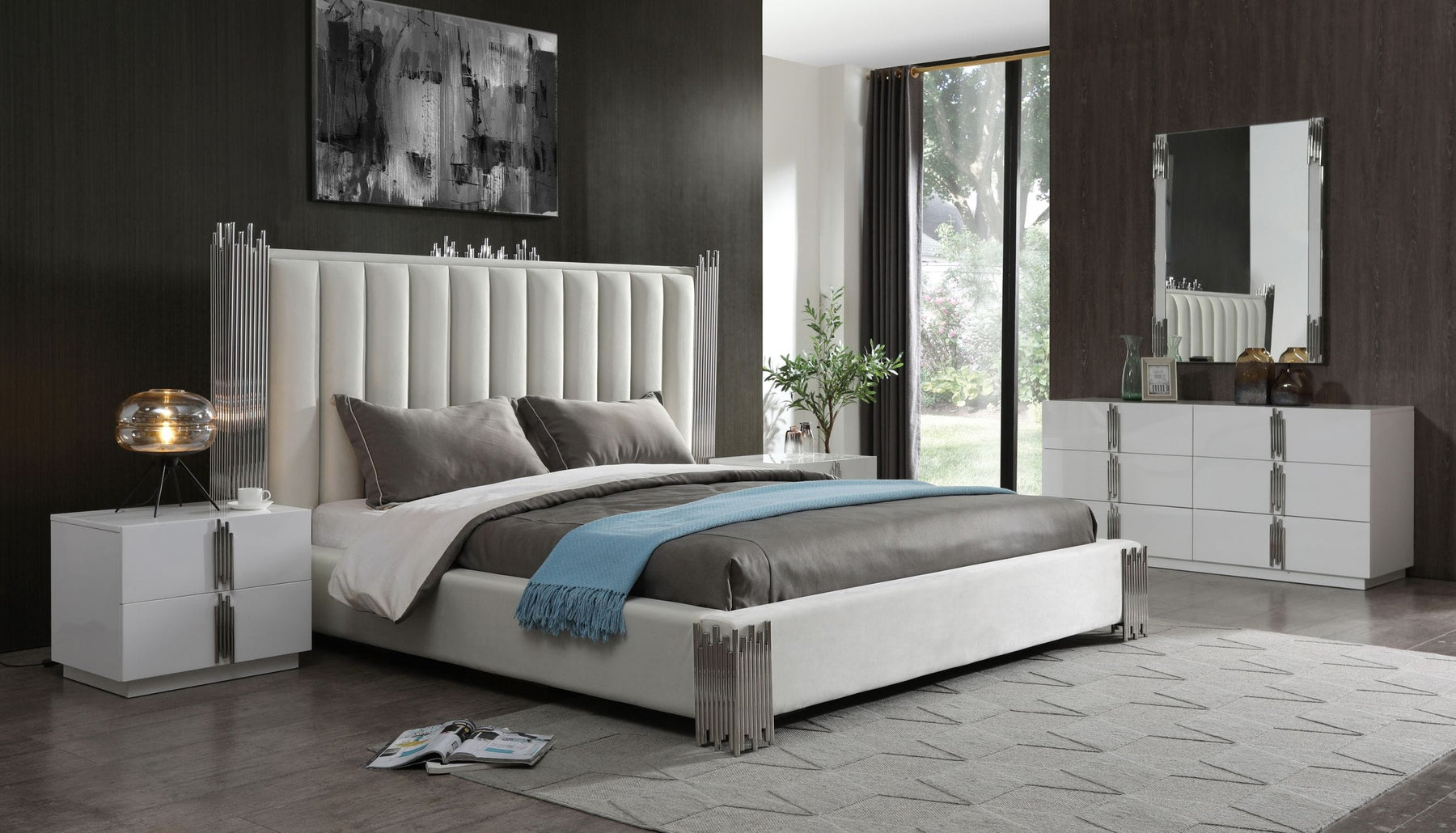 Token - Modern White + Stainless Steel 4-Piece Bedroom Set