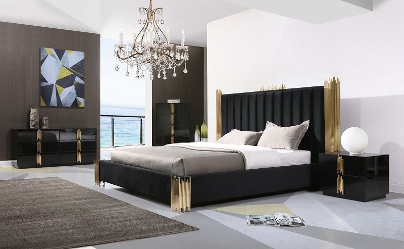Token - Modern Black + Gold Bed + Nightstands