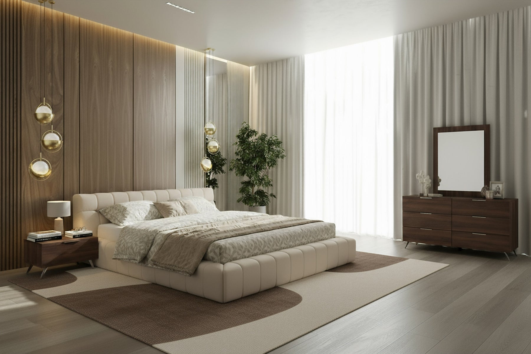 Tyree + Brooklyn - Modern Off-White Fabric + Walnut 4-Piece Bedroom Set
