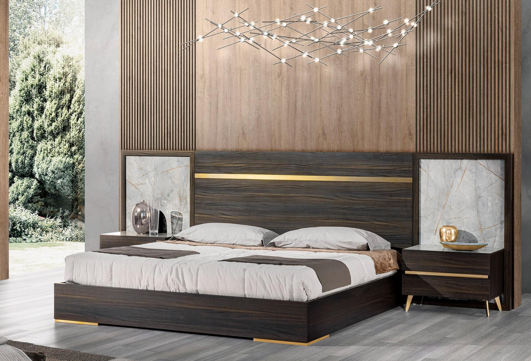 Velondra - Modern Eucalypto + Marble Bed with Two Nightstands
