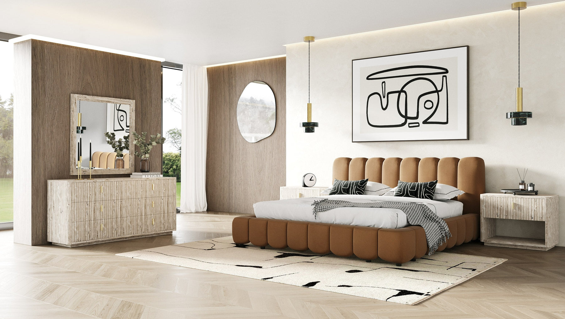 Harris + Roma - Modern Brown Fabric + Faux Travertine 4-Piece Bedroom Set