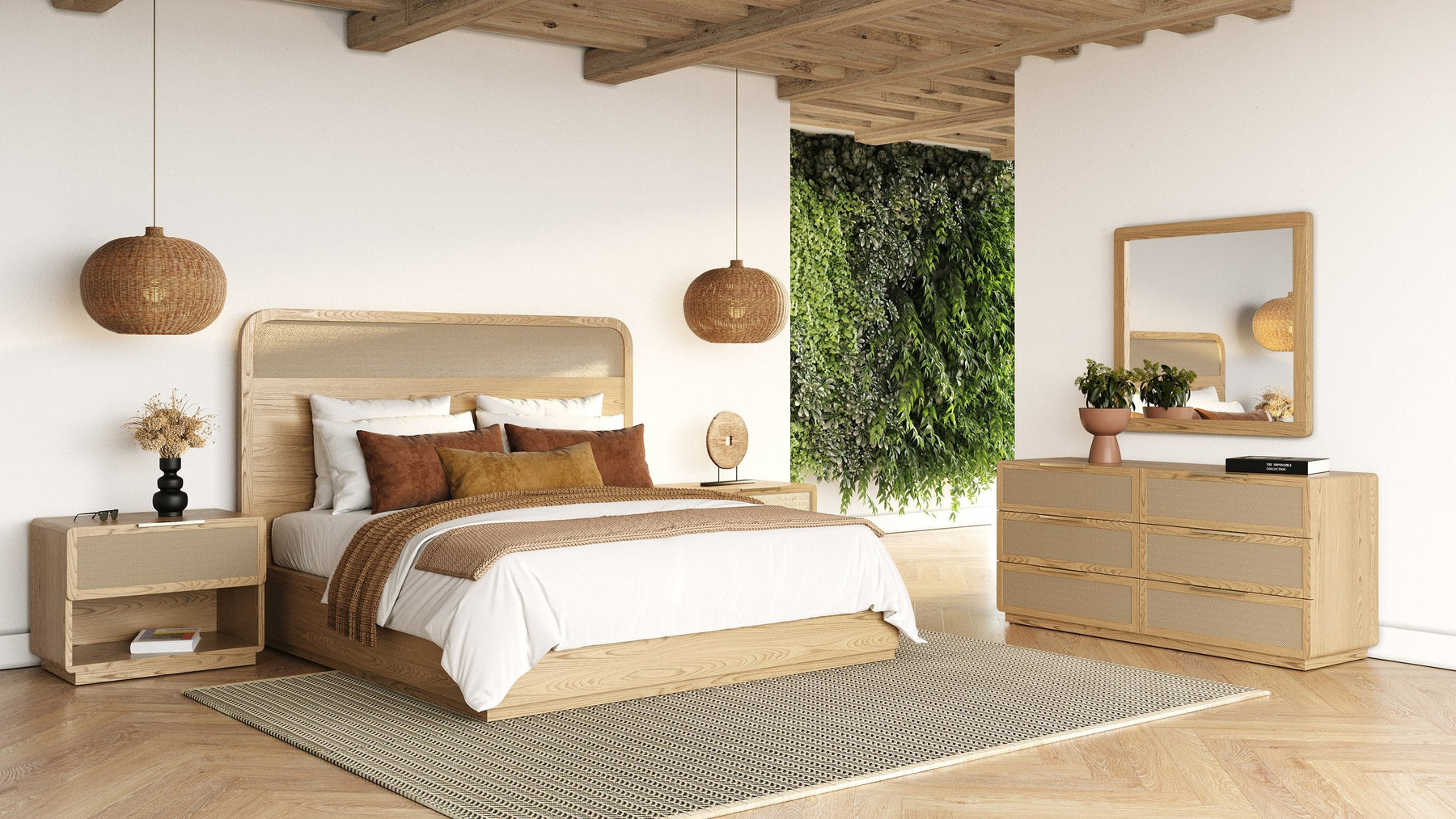 Gavin - Modern Natural Ash + Rattan 4-Piece Bedroom Set
