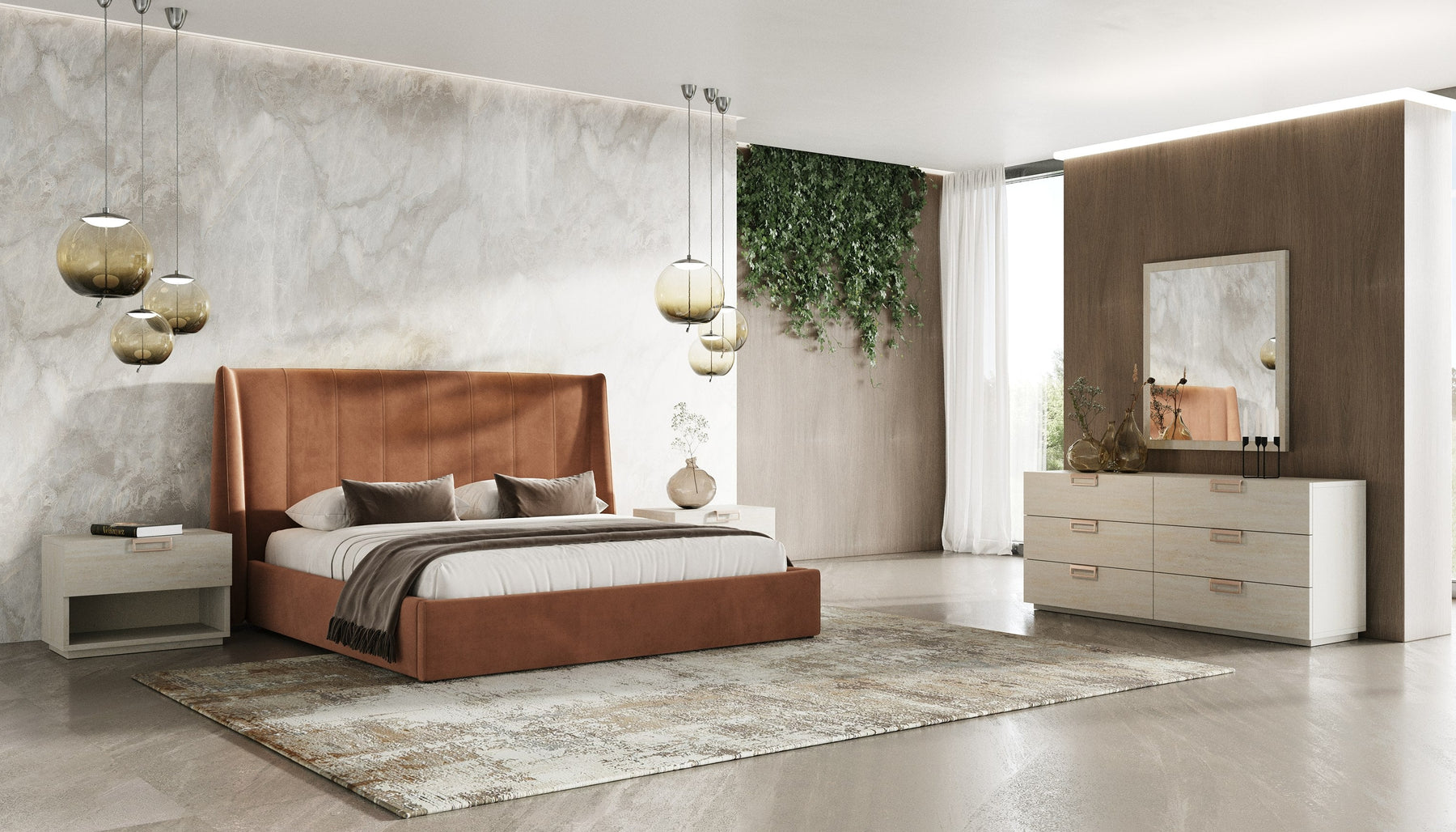 Roma + Lago - Modern Burnt Orange Velvet + Faux Travertine 4-Piece Bedroom Set
