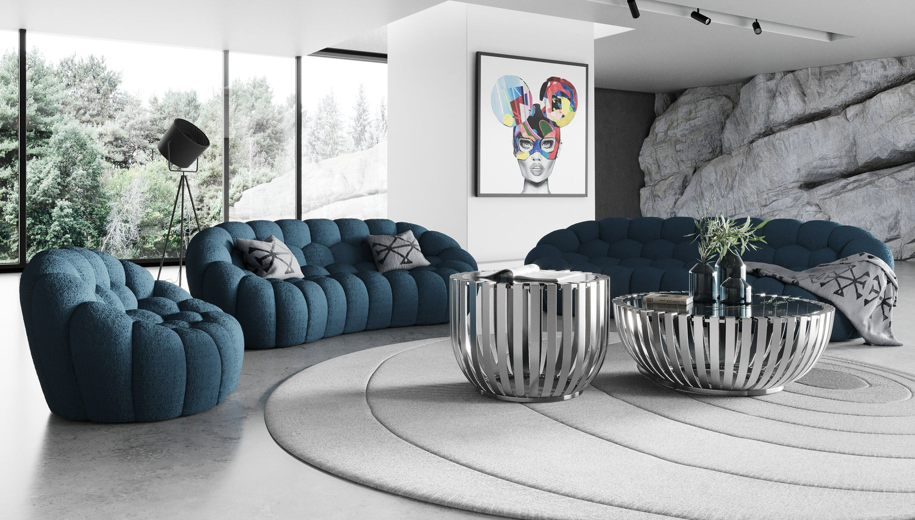 Yolonda - Modern Curved Dark Teal Fabric Sofa Set